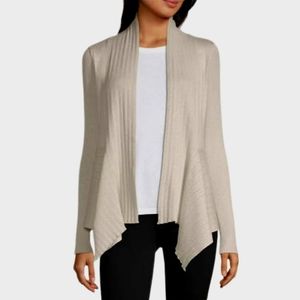 ST JOHNS BAY Open Front Ribbed Waterfall Comfort Cardigan Oatmeal NWOT